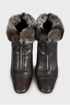 Leather ankle boots with fur trim and heels