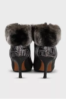 Leather ankle boots with fur trim and heels