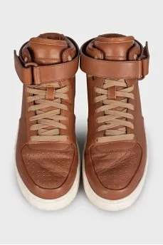 Brown leather high-top sneakers