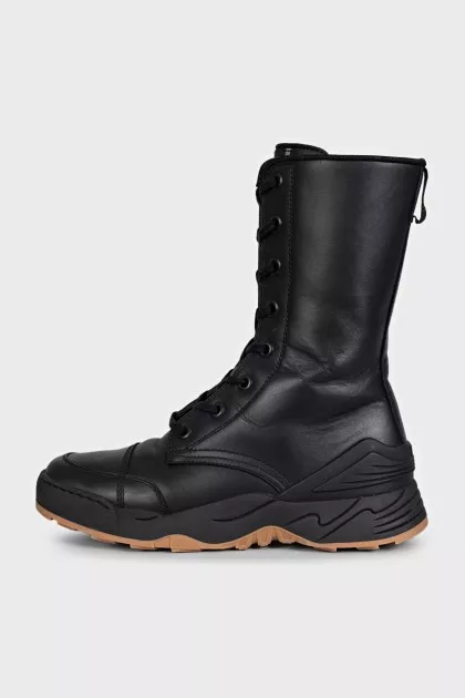 Black leather high lace-up boots