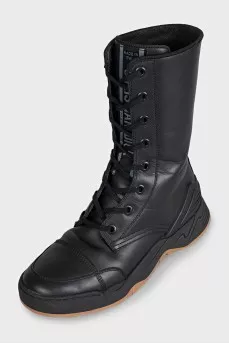 Black leather high lace-up boots