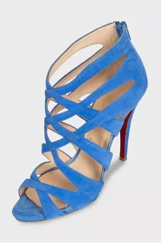 Light blue suede sandals with a zipper