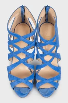 Light blue suede sandals with a zipper