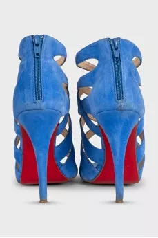 Light blue suede sandals with a zipper