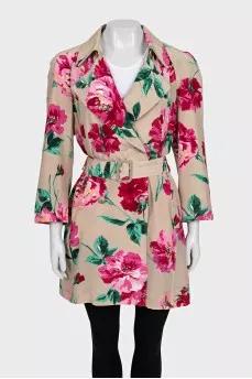 Silk long jacket with floral print