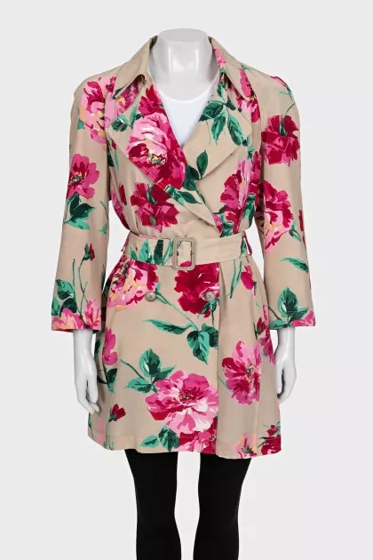 Silk long jacket with floral print