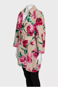 Silk long jacket with floral print