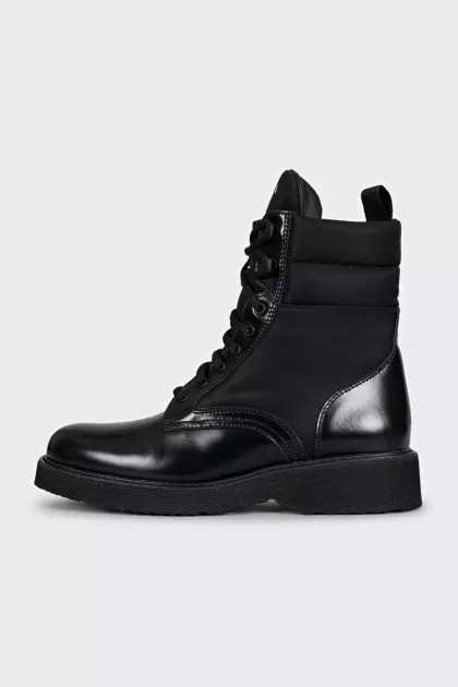 Black leather and textile lace-up boots