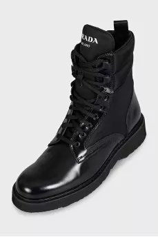 Black leather and textile lace-up boots