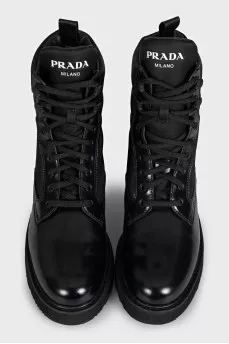 Black leather and textile lace-up boots