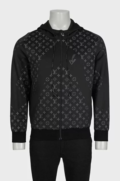 Men's black sports jacket with a signature print