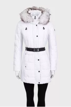 White fitted down jacket with a hood