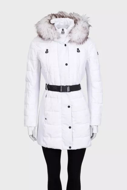 White fitted down jacket with a hood