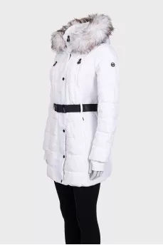White fitted down jacket with a hood