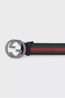 Black leather and fabric belt with a print