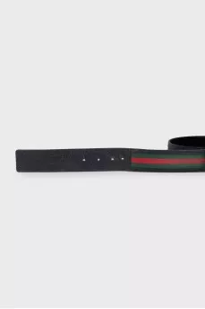 Black leather and fabric belt with a print