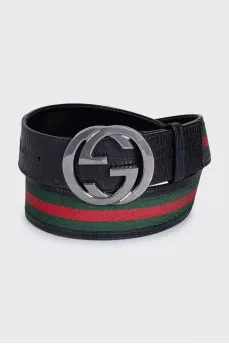 Black leather and fabric belt with a print