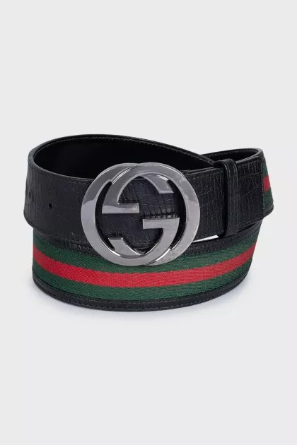 Black leather and fabric belt with a print