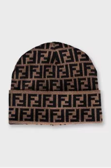 Brown wool hat with signature print
