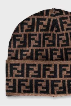 Brown wool hat with signature print