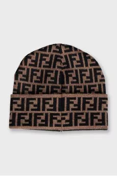 Brown wool hat with signature print