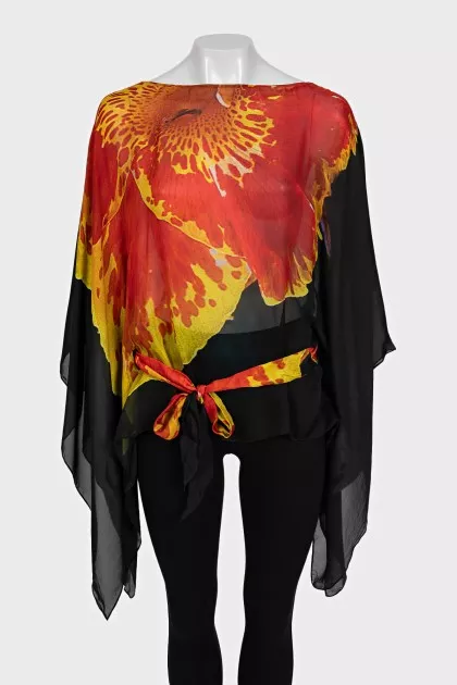 Semi-sheer printed blouse with a belt