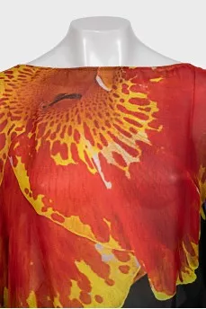 Semi-sheer printed blouse with a belt