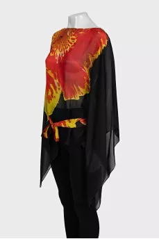 Semi-sheer printed blouse with a belt