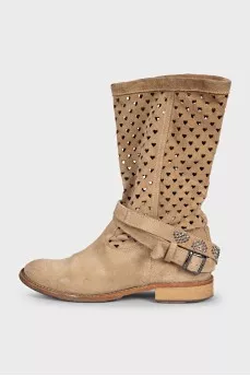 Suede boots with figured perforations