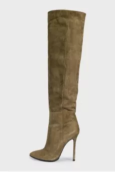 Green suede lace-up boots