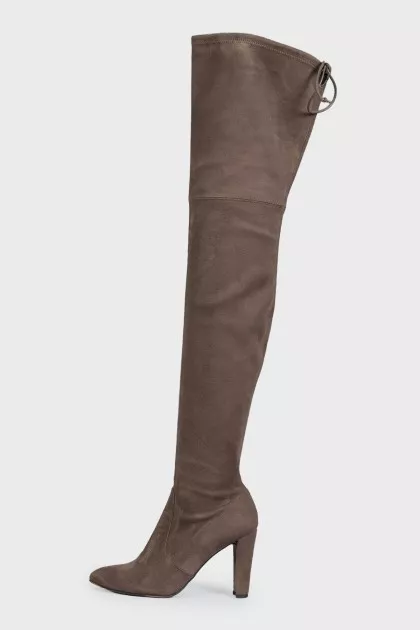 Brown suede over-the-knee boots with laces