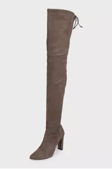 Brown suede over-the-knee boots with laces