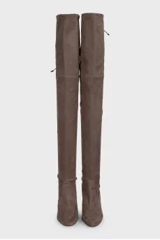 Brown suede over-the-knee boots with laces