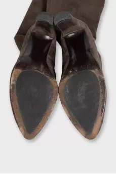 Brown suede over-the-knee boots with laces