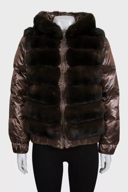 Brown down jacket decorated with fur