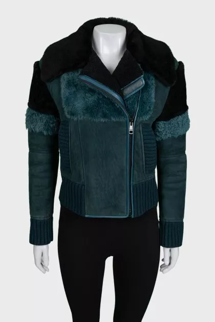 Green leather sheepskin coat with a slanted zipper