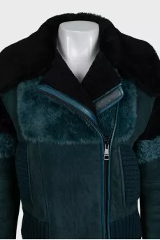 Green leather sheepskin coat with a slanted zipper