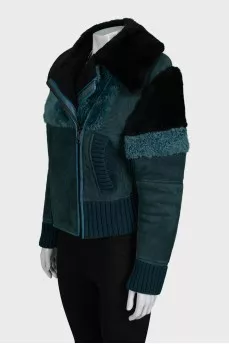 Green leather sheepskin coat with a slanted zipper