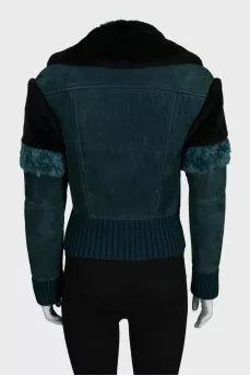 Green leather sheepskin coat with a slanted zipper