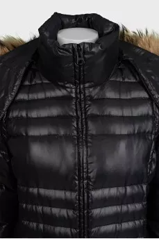 Straight black down jacket with fur trim