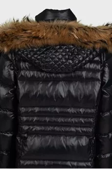 Straight black down jacket with fur trim