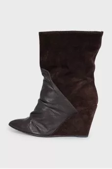 Brown suede and leather wedge boots