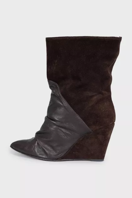 Brown suede and leather wedge boots