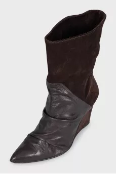 Brown suede and leather wedge boots