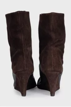 Brown suede and leather wedge boots