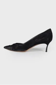 Suede shoes with patent toecap