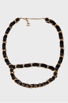 Ремінь 20C Letter Logo Black Leather Gold Chain