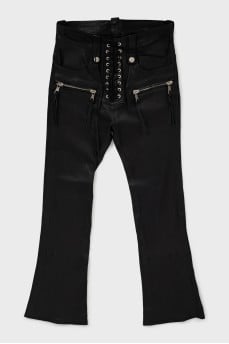 Leather flared trousers with tag