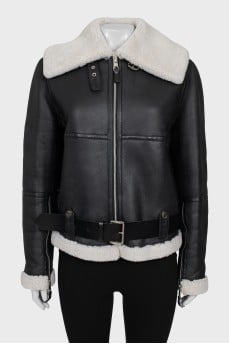 Leather sheepskin coat with belt