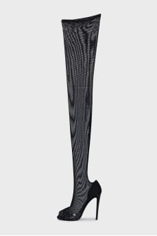 Mesh over the knee boots with rhinestones